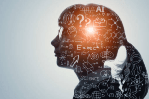 Silueta de científica, con fórmulas matemáticas